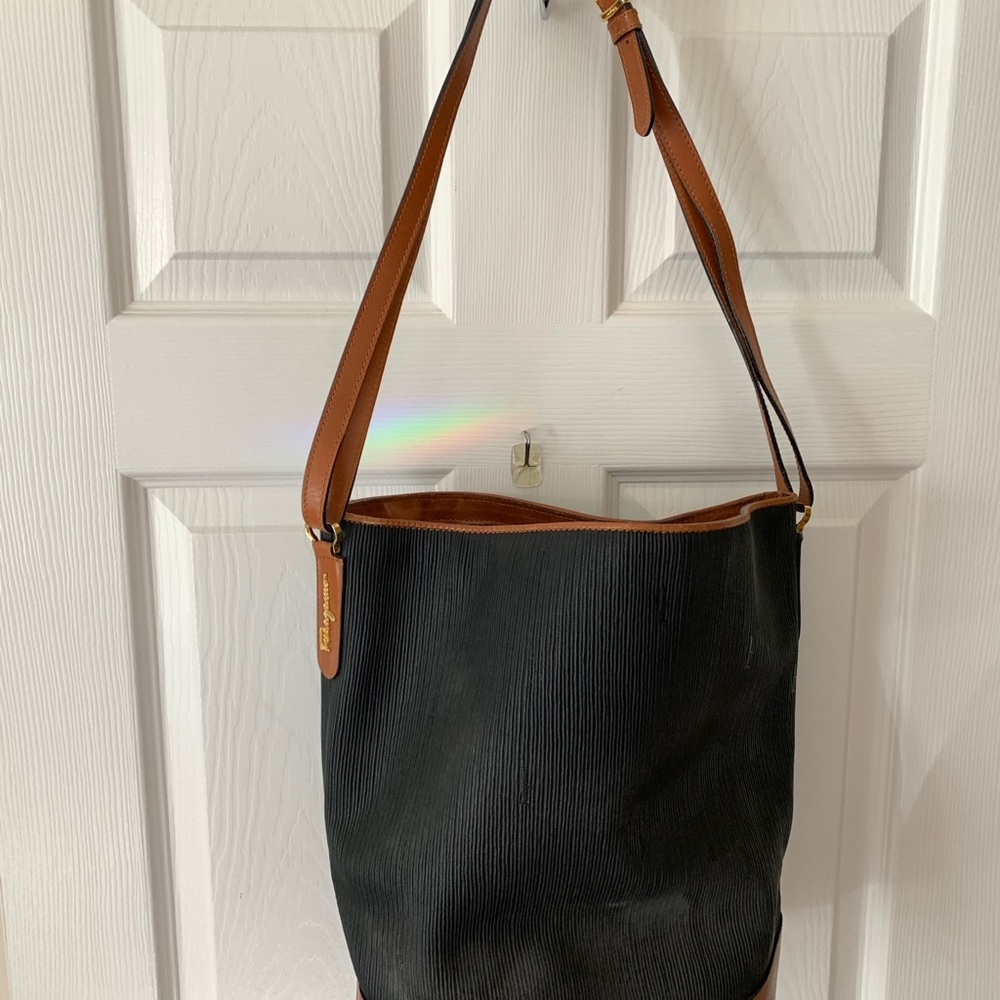 Vintage Salvatore Ferragamo Large Elegant Black and Brown Bucket Bag